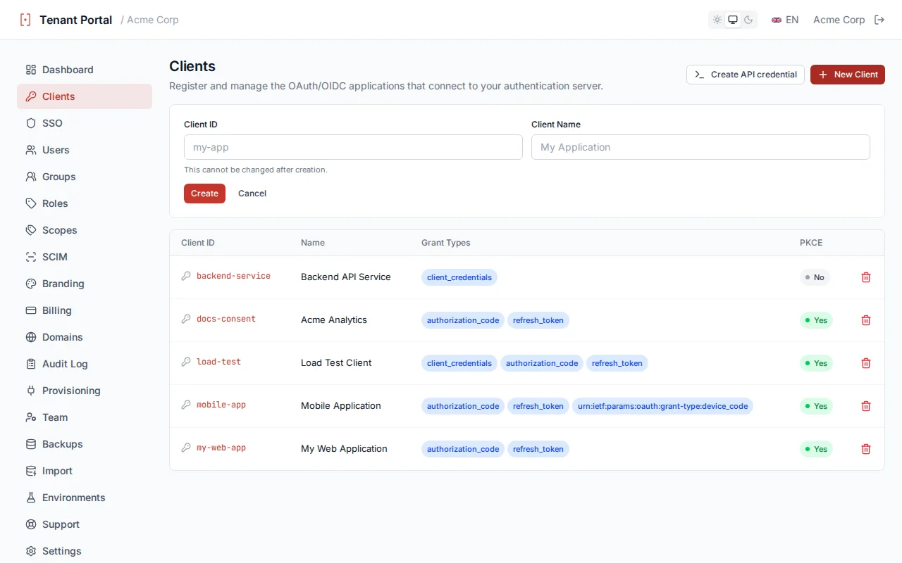 Client creation form with clientId, clientName, and redirect URI fields