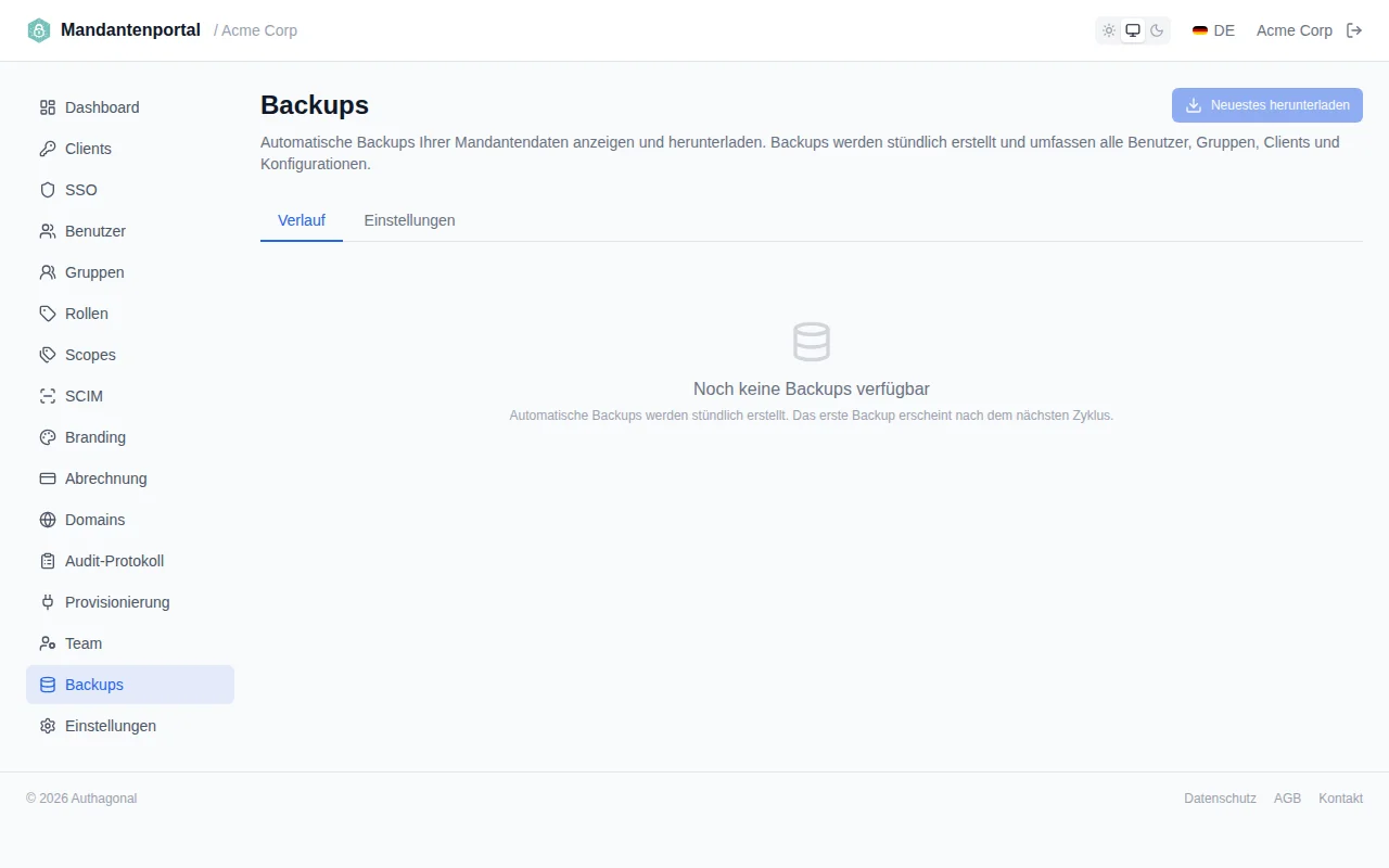 Backups page showing backup history with timestamps, types, and entity counts
