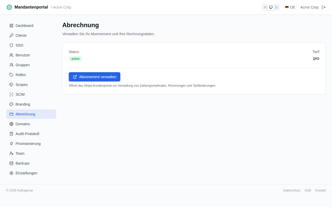Billing page showing subscription status, plan name, billing period, and Manage Subscription button