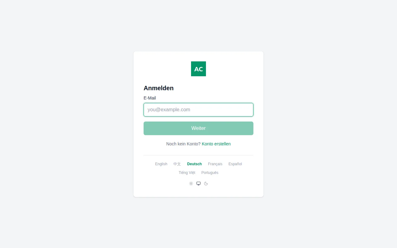 A customized login page showing a branded logo, custom primary color on the sign-in button, and support email in the footer
