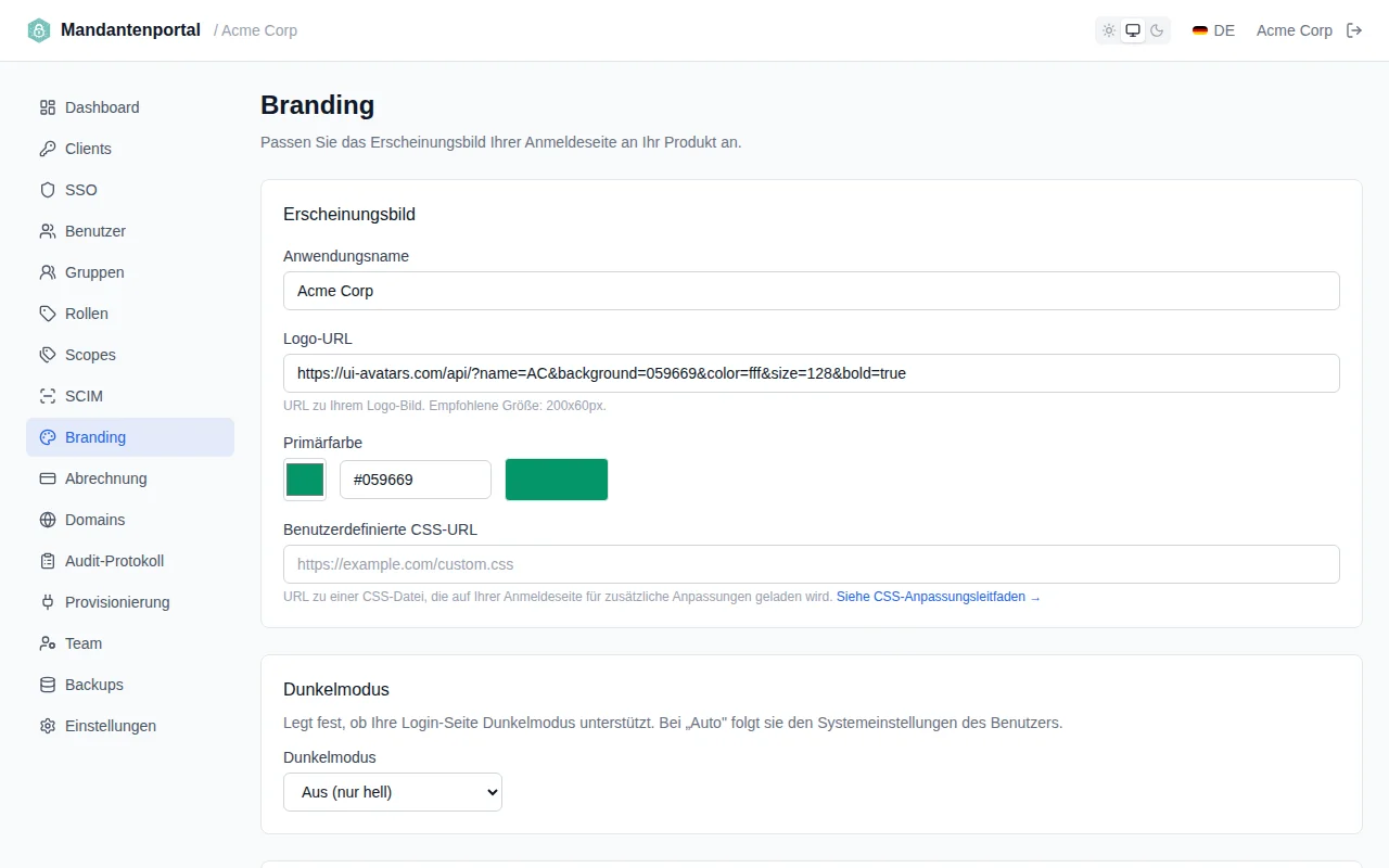 Branding appearance settings with app name input, logo URL field, color picker with hex input, and custom CSS URL field