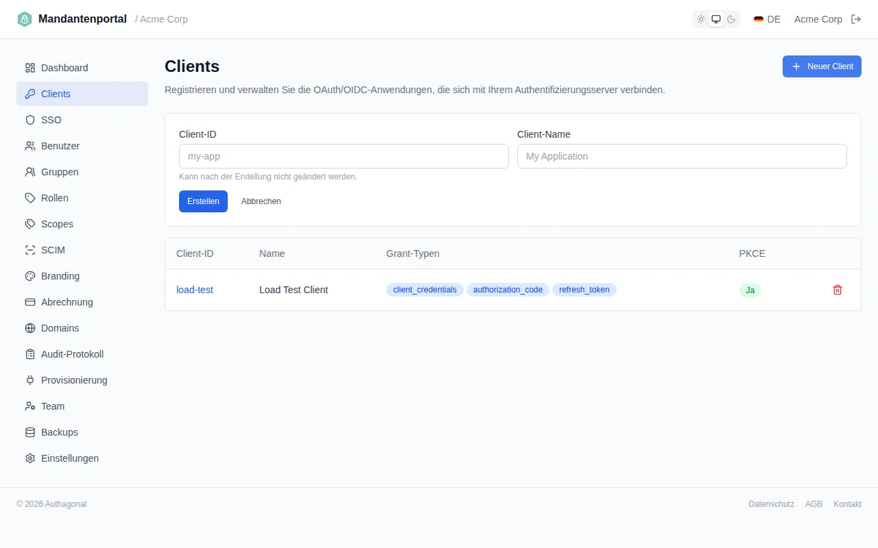 Client creation form with clientId, clientName, and redirect URI fields