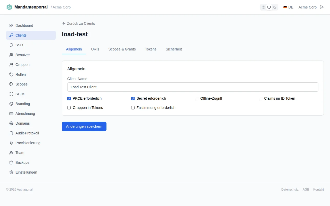 URI configuration section showing tag inputs for redirect URIs, post-logout URIs, and CORS origins