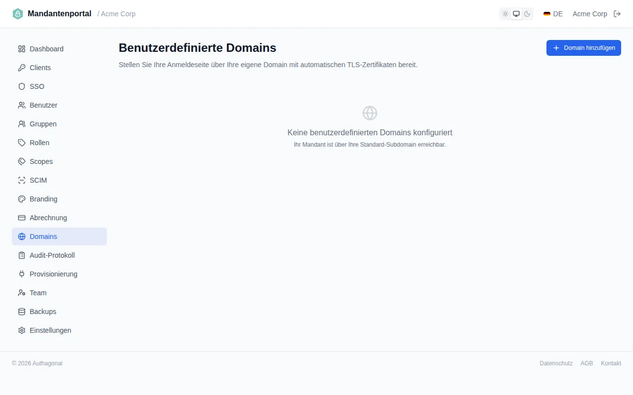 Domain list showing domains with status badges and verification controls