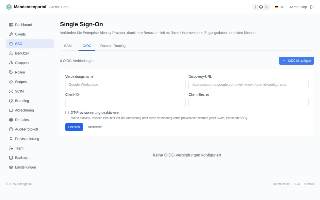 OIDC connection creation form with fields for connection name, discovery URL, client ID, and client secret