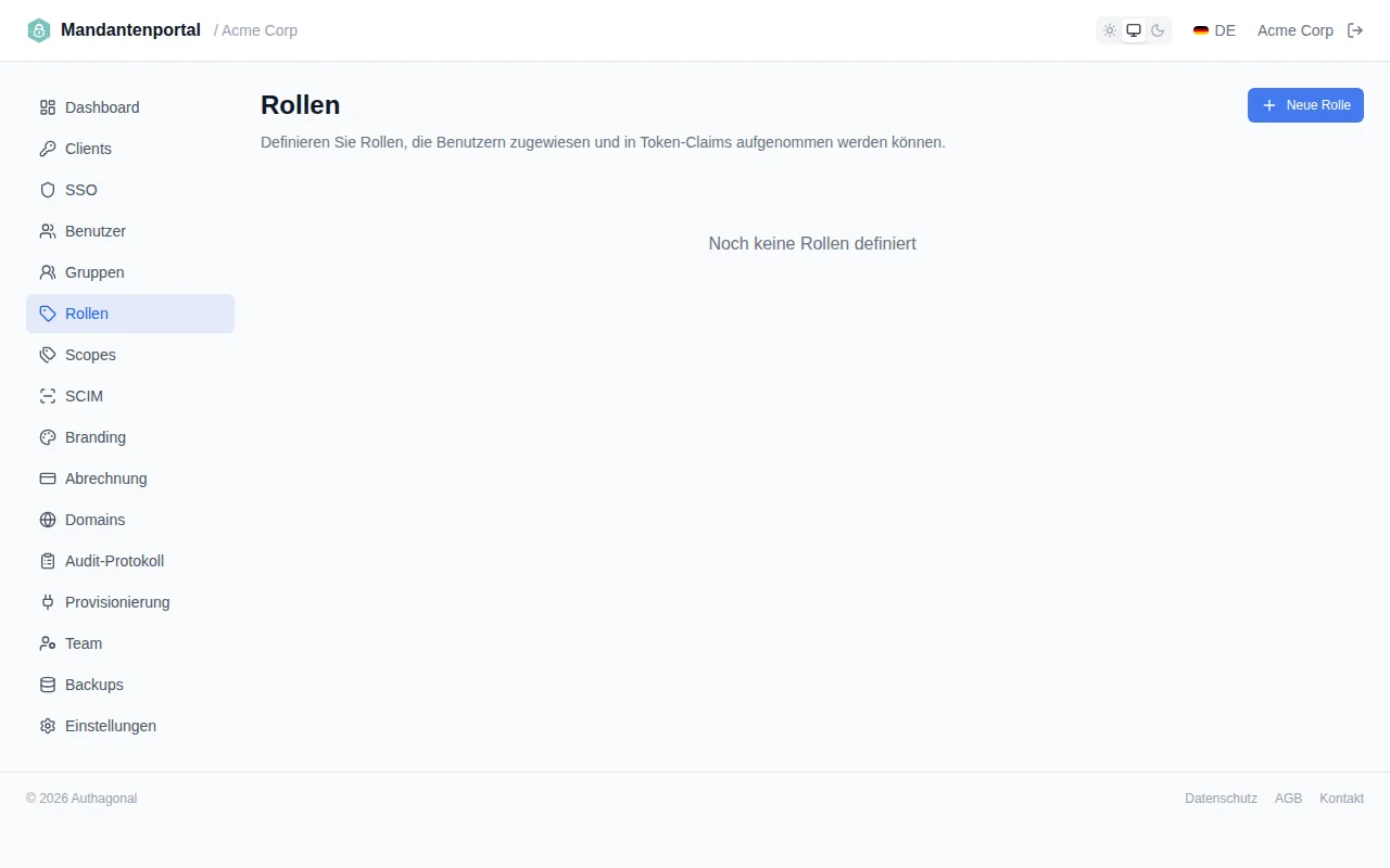 Roles table with inline editing active, showing editable name and description fields with save and cancel icons