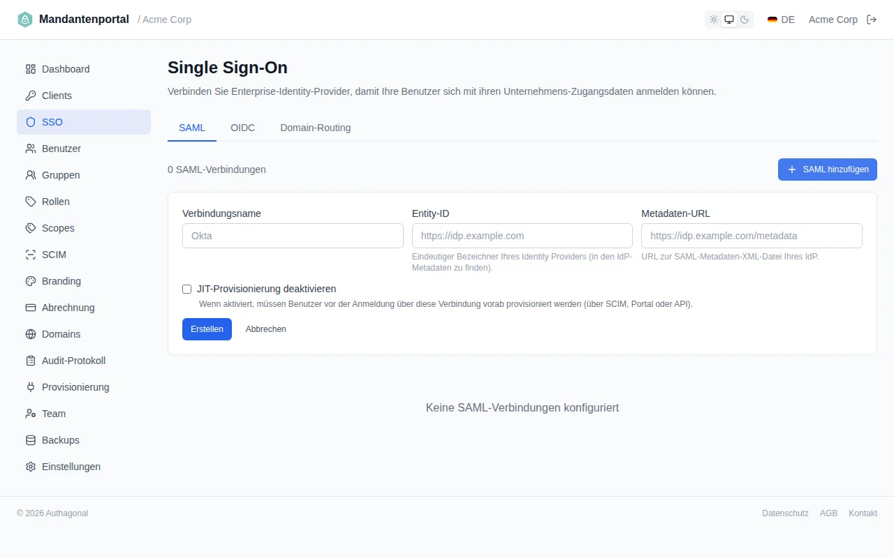 SAML connection creation form with fields for connection name, entity ID, and metadata URL