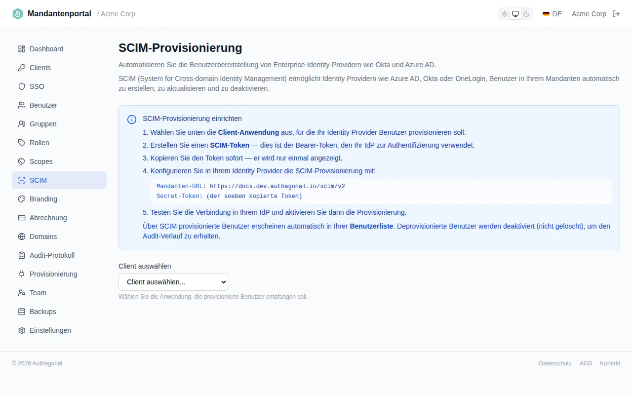 SCIM configuration page showing client selector, token generation form, and base URL