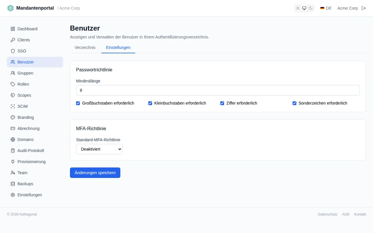 Password policy settings showing minimum length slider and toggle switches for character requirements