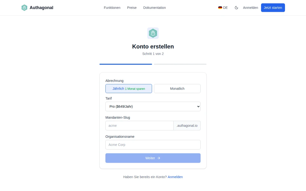 Authagonal signup page showing tenant slug input and email verification