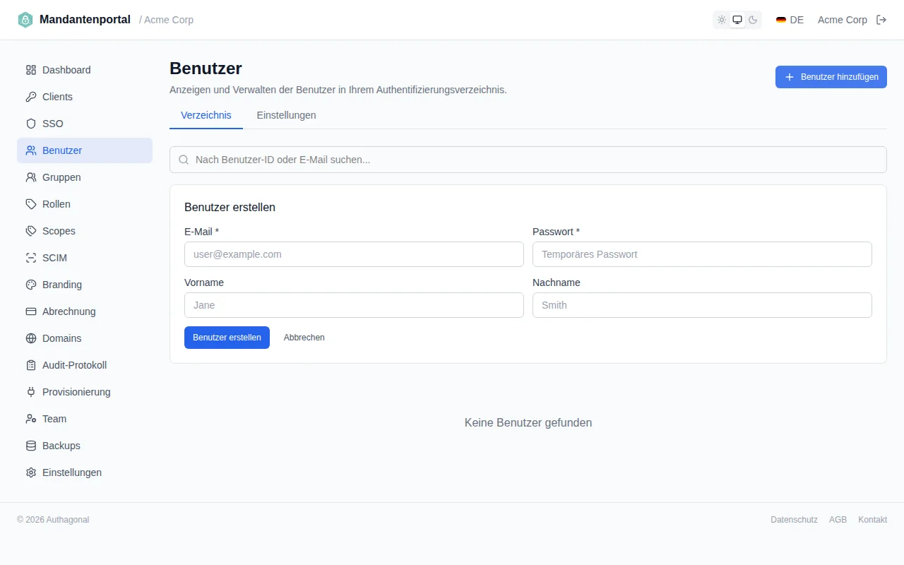 Create user form with email, password, first name, and last name fields