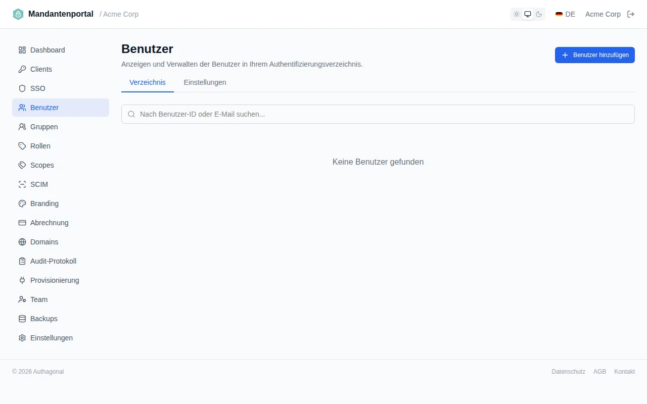 User list table with columns for email, user ID, name, status, MFA, source, and created date