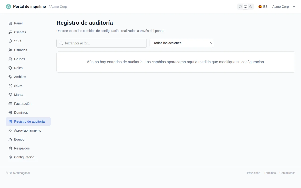 Audit log table showing timestamped administrative actions with actor, action, entity, and detail columns