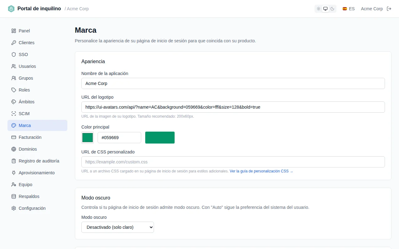 Branding appearance settings with app name input, logo URL field, color picker with hex input, and custom CSS URL field