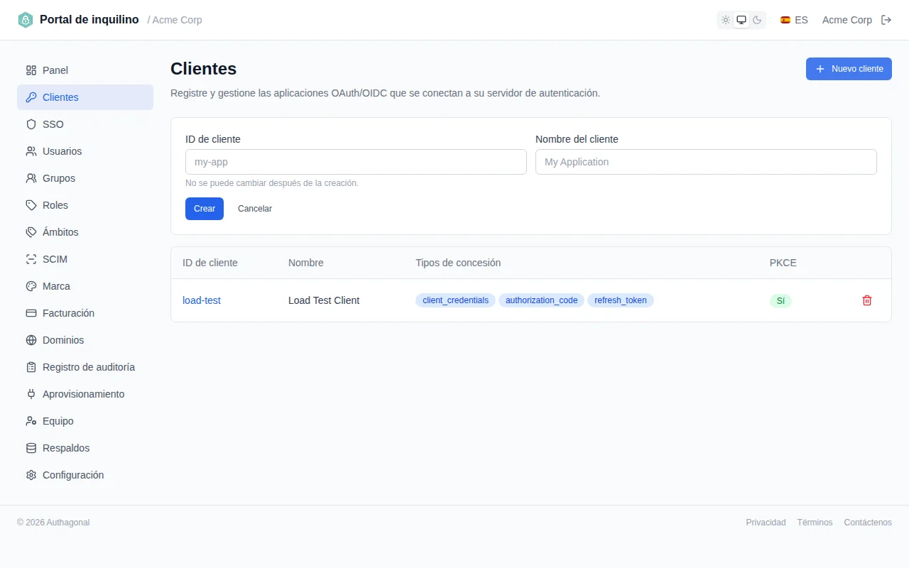Client creation form with clientId, clientName, and redirect URI fields