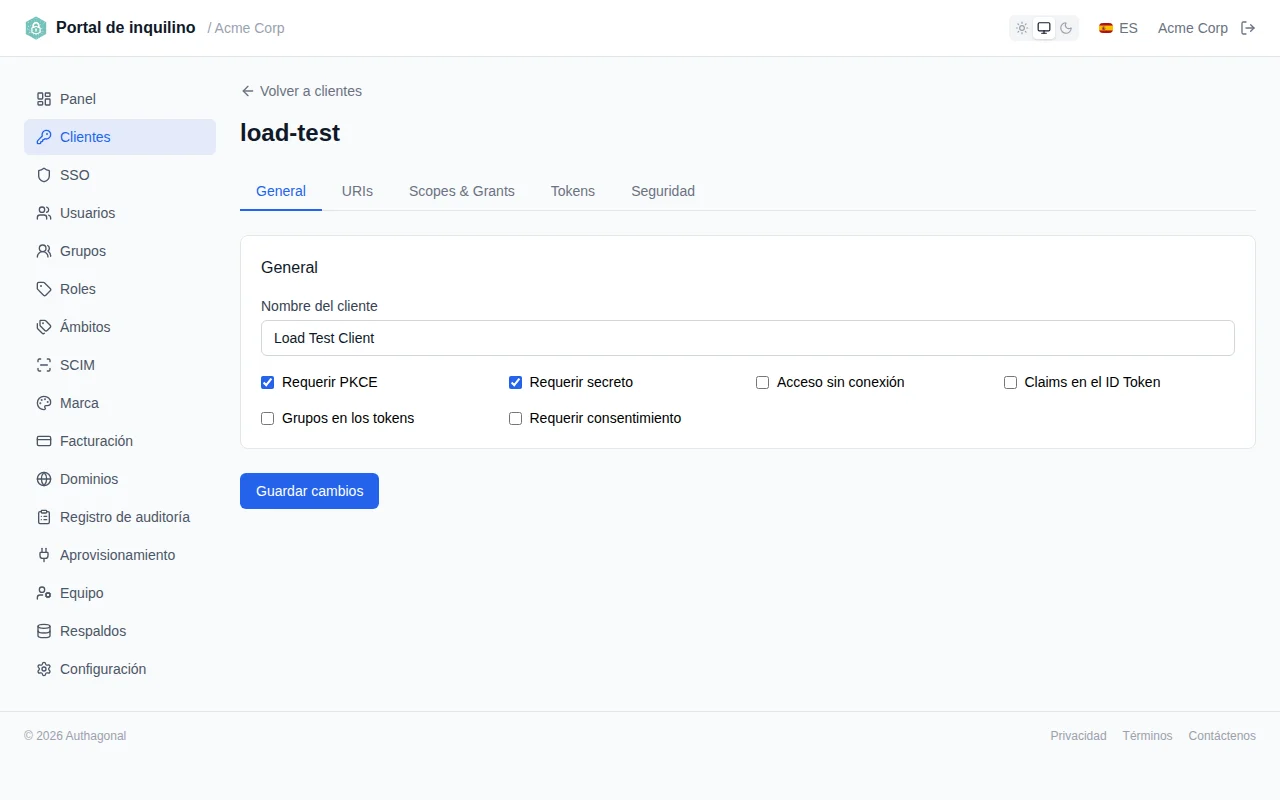 URI configuration section showing tag inputs for redirect URIs, post-logout URIs, and CORS origins