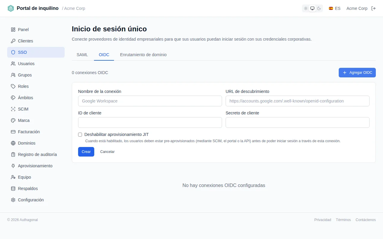 OIDC connection creation form with fields for connection name, discovery URL, client ID, and client secret