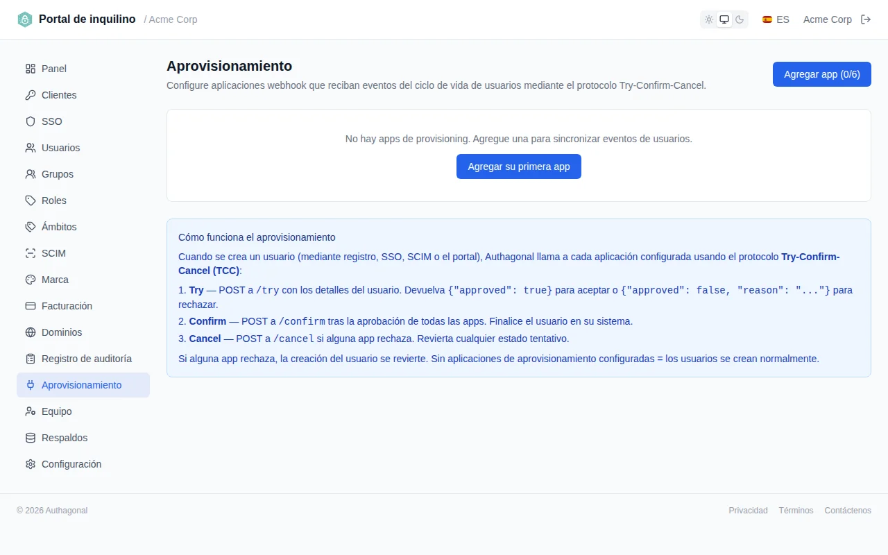 Provisioning apps page showing configured apps with test results displaying HTTP status and response body