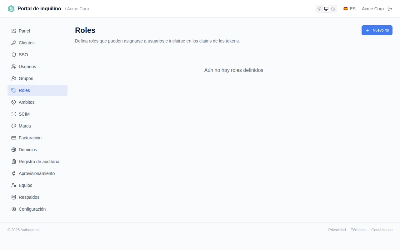 Roles table with inline editing active, showing editable name and description fields with save and cancel icons