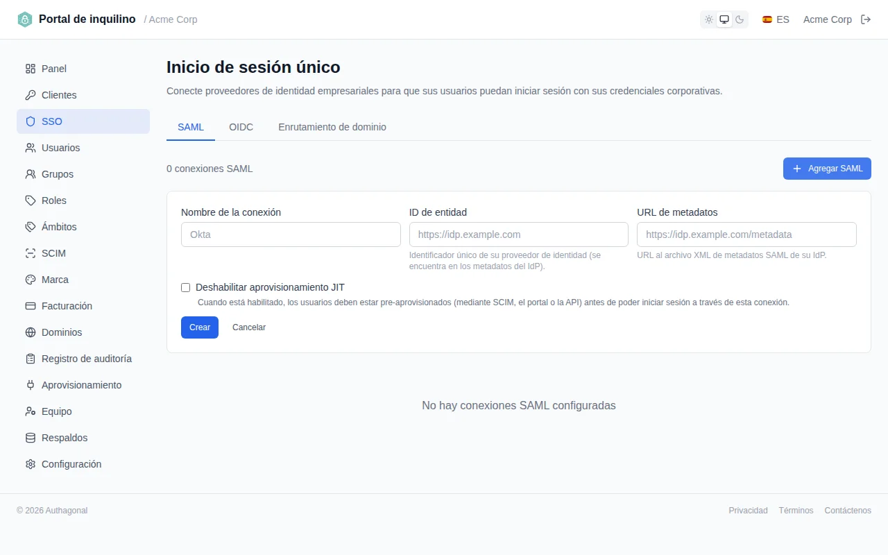 SAML connection creation form with fields for connection name, entity ID, and metadata URL