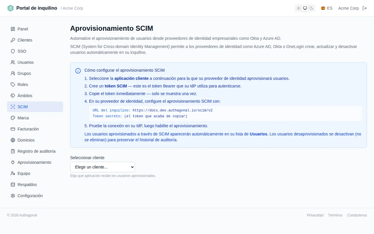 SCIM token list showing active and revoked tokens with description, expiry date, and revoke button