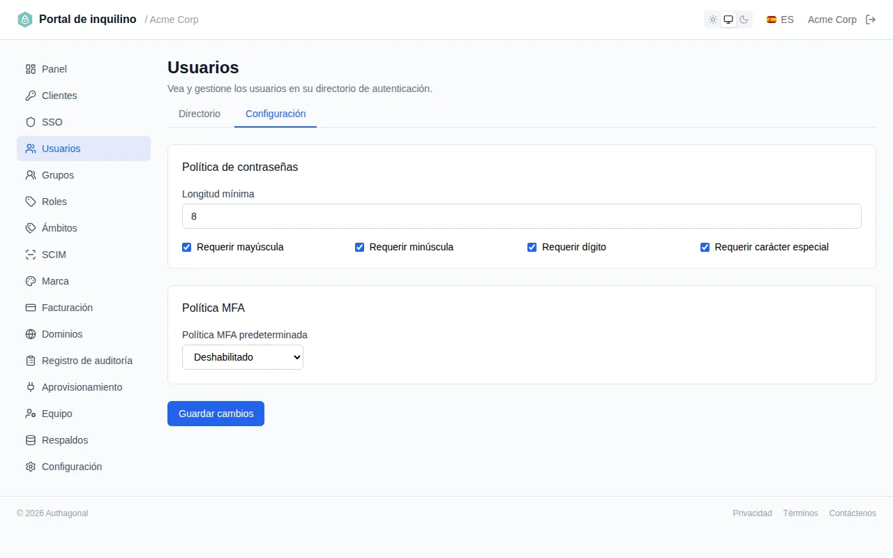 Password policy settings showing minimum length slider and toggle switches for character requirements