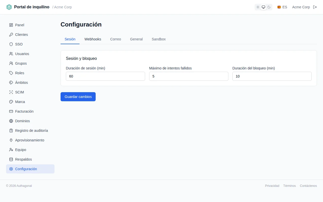 Webhook configuration section showing URL inputs for each event type, timeout slider, and fail-open toggle