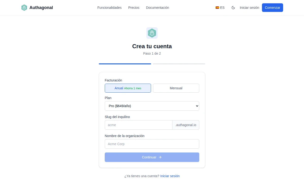 Authagonal signup page showing tenant slug input and email verification