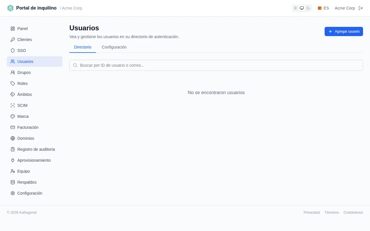 User list table with columns for email, user ID, name, status, MFA, source, and created date