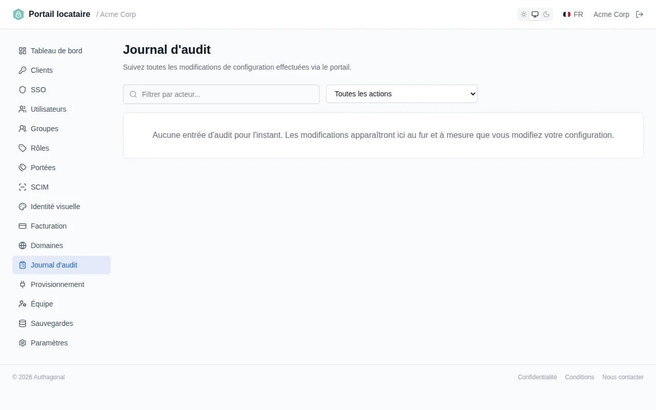 Audit log table showing timestamped administrative actions with actor, action, entity, and detail columns