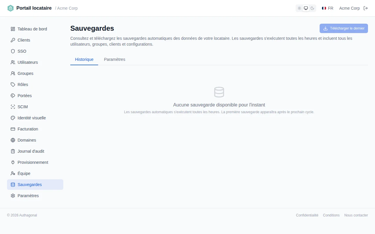 Backups page showing backup history with timestamps, types, and entity counts