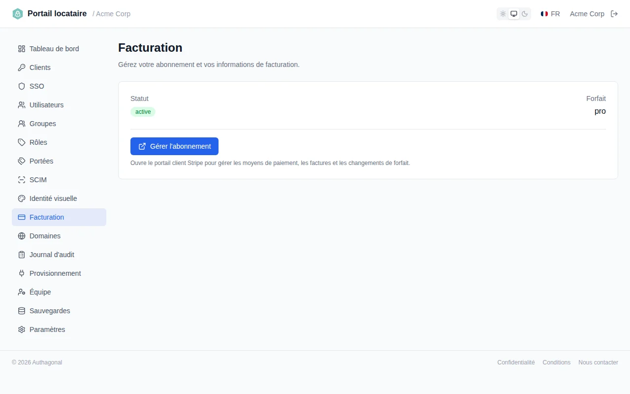 Billing page showing subscription status, plan name, billing period, and Manage Subscription button