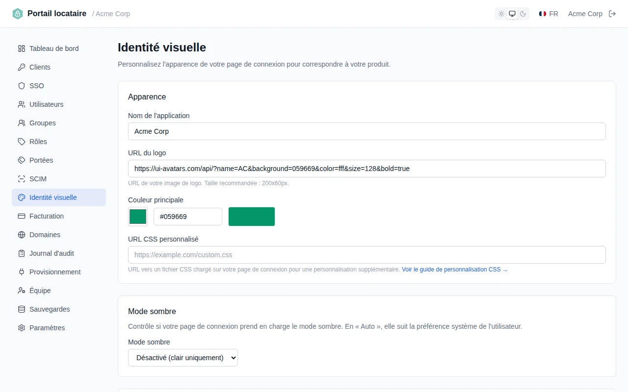 Branding appearance settings with app name input, logo URL field, color picker with hex input, and custom CSS URL field