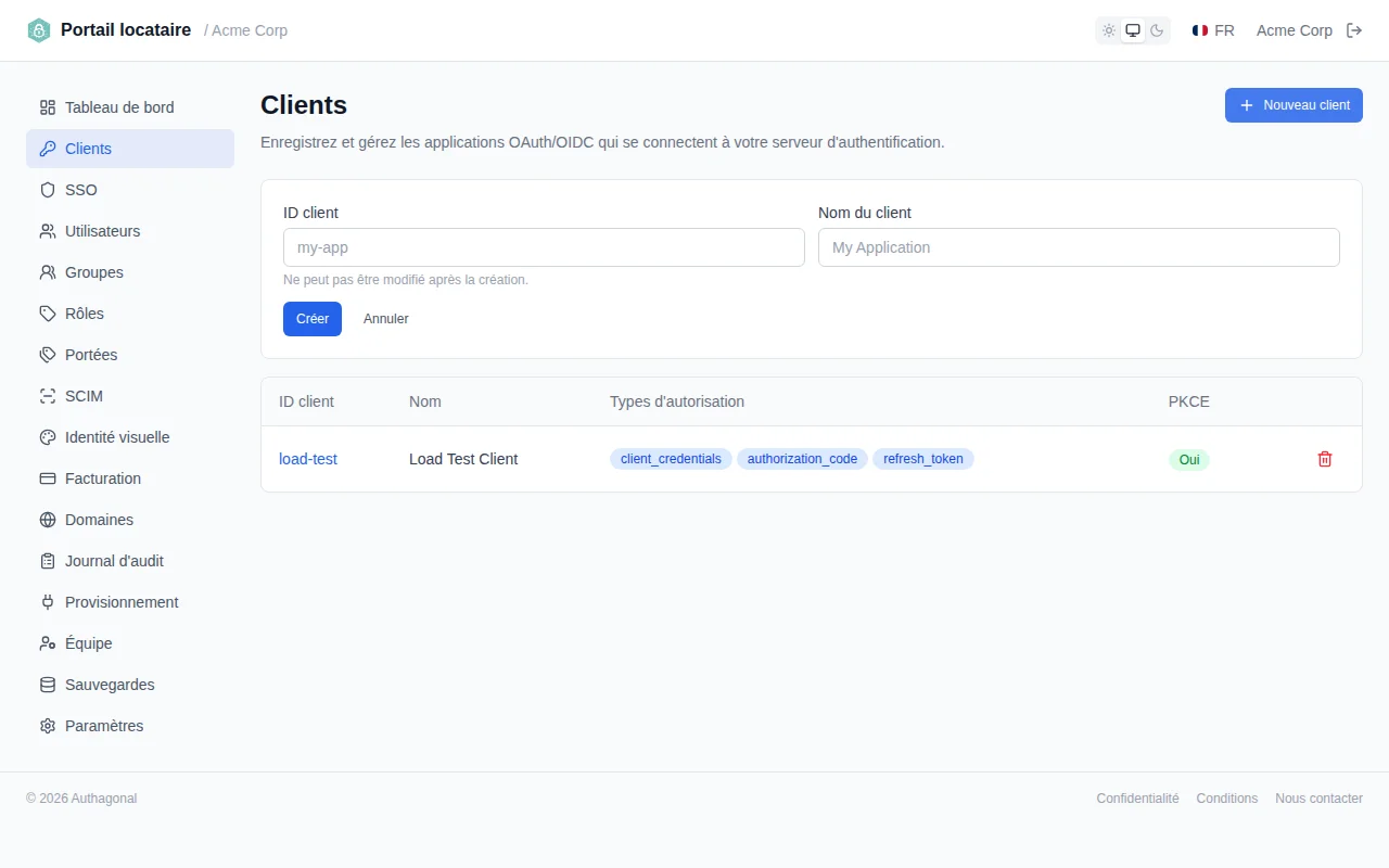 Client creation form with clientId, clientName, and redirect URI fields