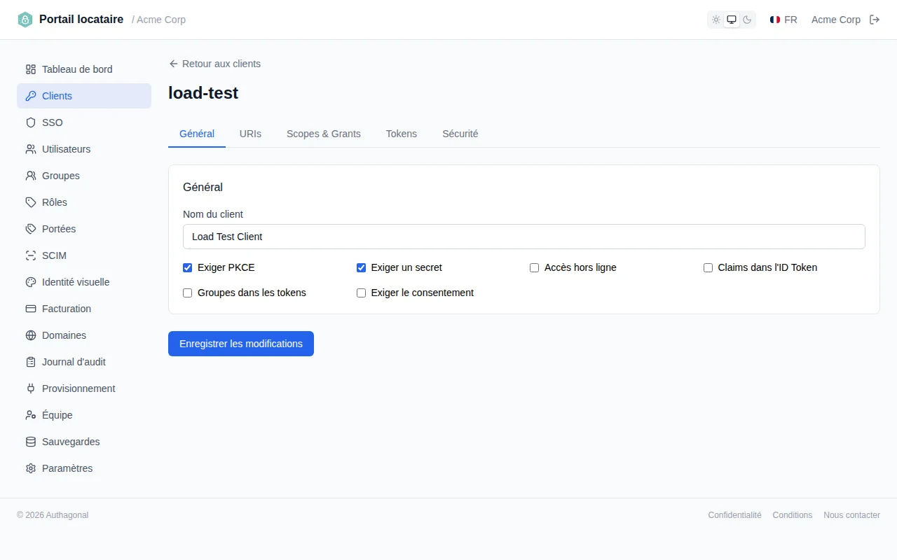 URI configuration section showing tag inputs for redirect URIs, post-logout URIs, and CORS origins