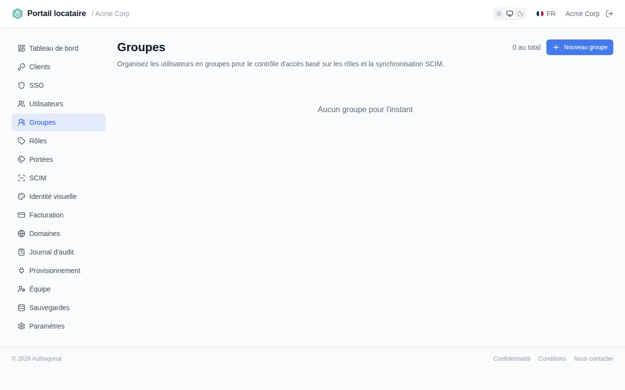 Groups list table showing group name, member count, source badge, and created date