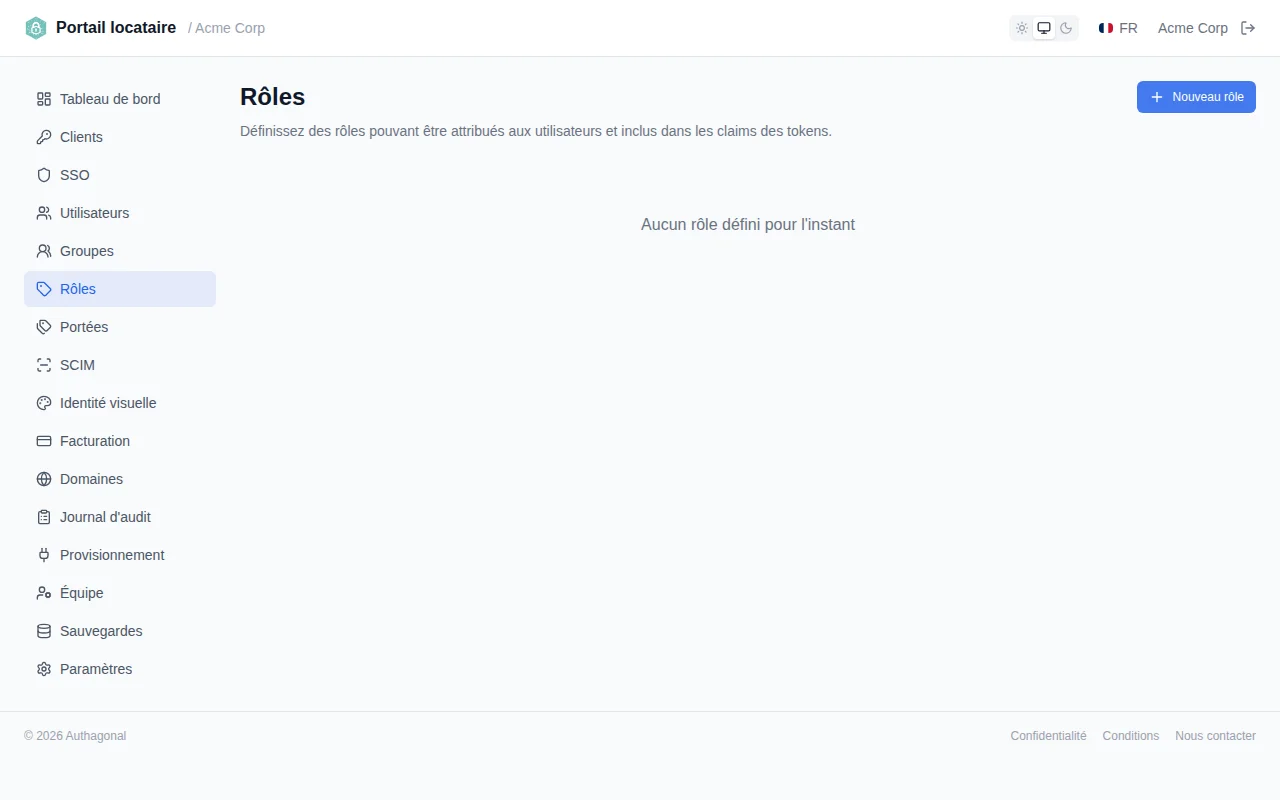 Roles table with inline editing active, showing editable name and description fields with save and cancel icons