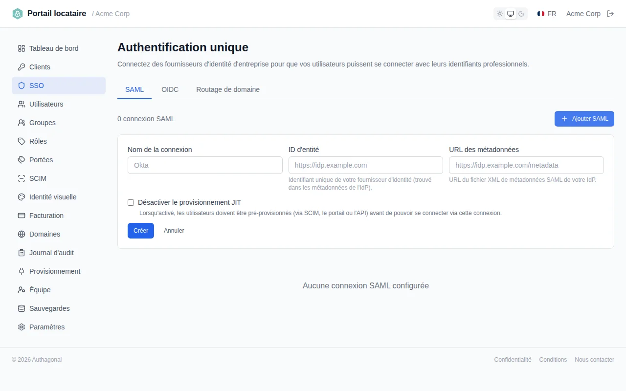 SAML connection creation form with fields for connection name, entity ID, and metadata URL