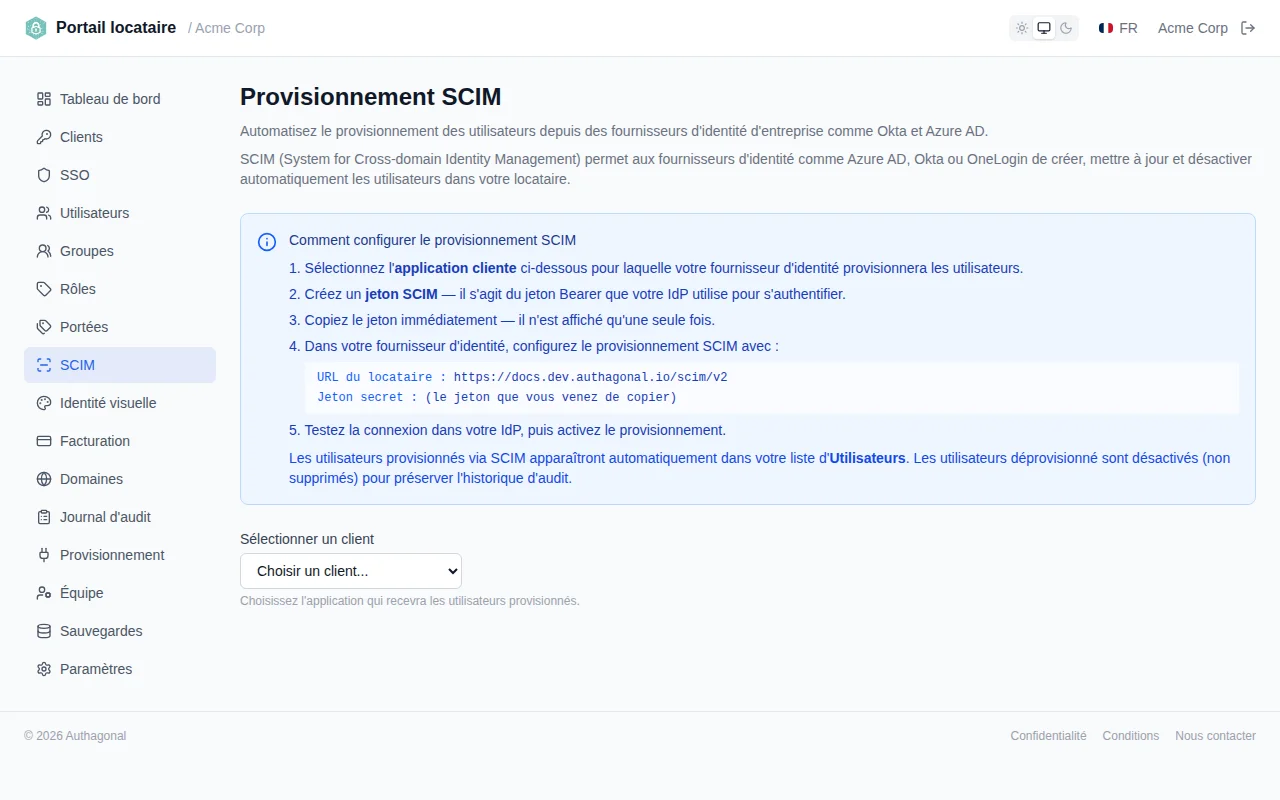 SCIM token list showing active and revoked tokens with description, expiry date, and revoke button