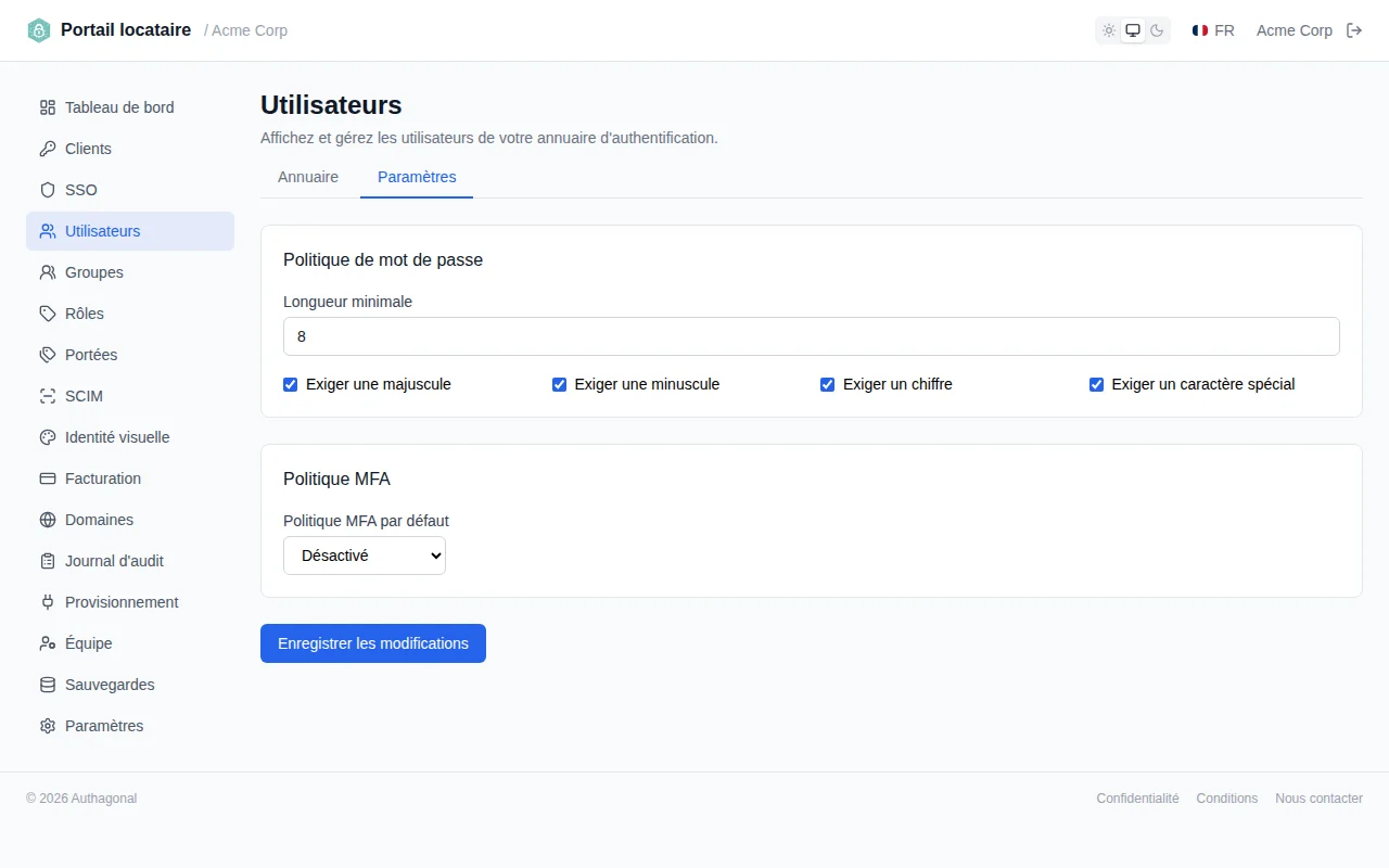 Password policy settings showing minimum length slider and toggle switches for character requirements