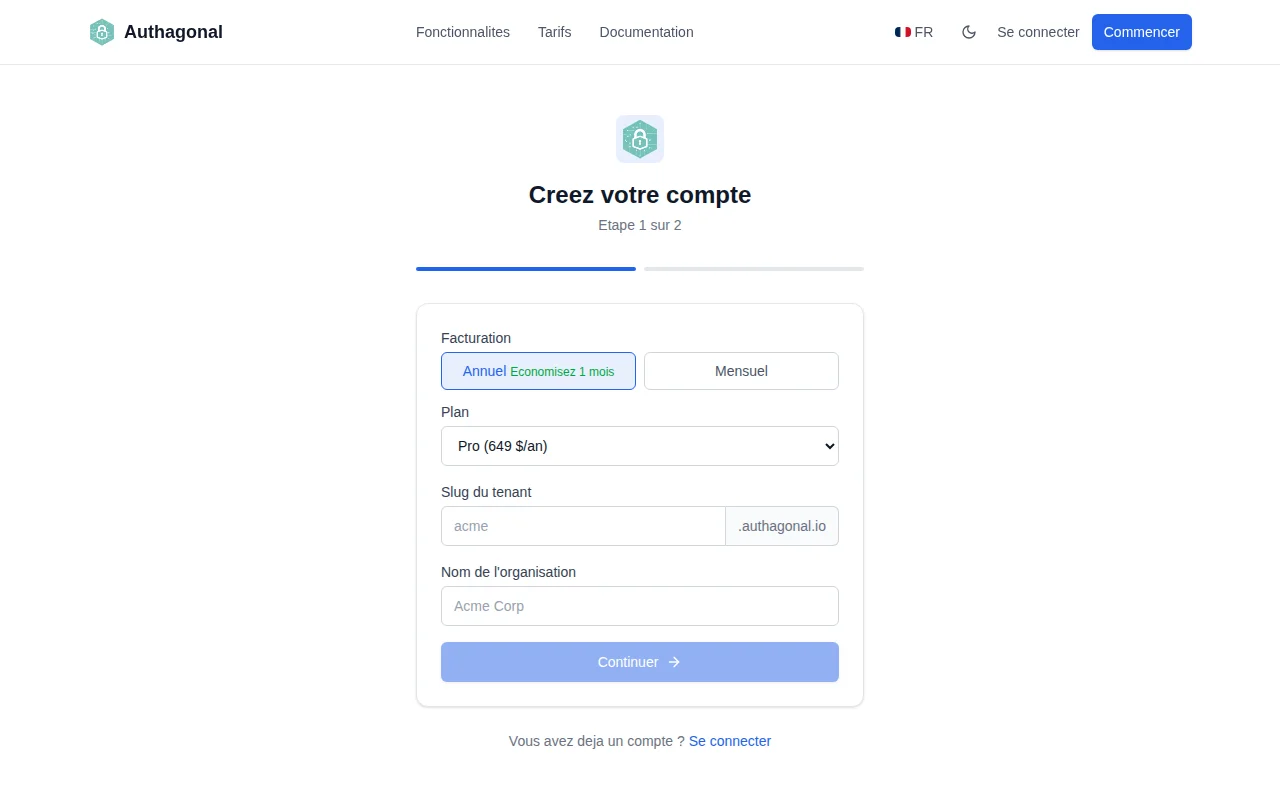 Authagonal signup page showing tenant slug input and email verification