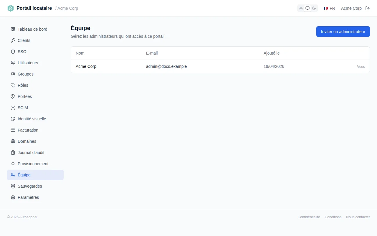 Team page showing the admin list with name, email, date added columns, a You indicator, and invite/remove controls