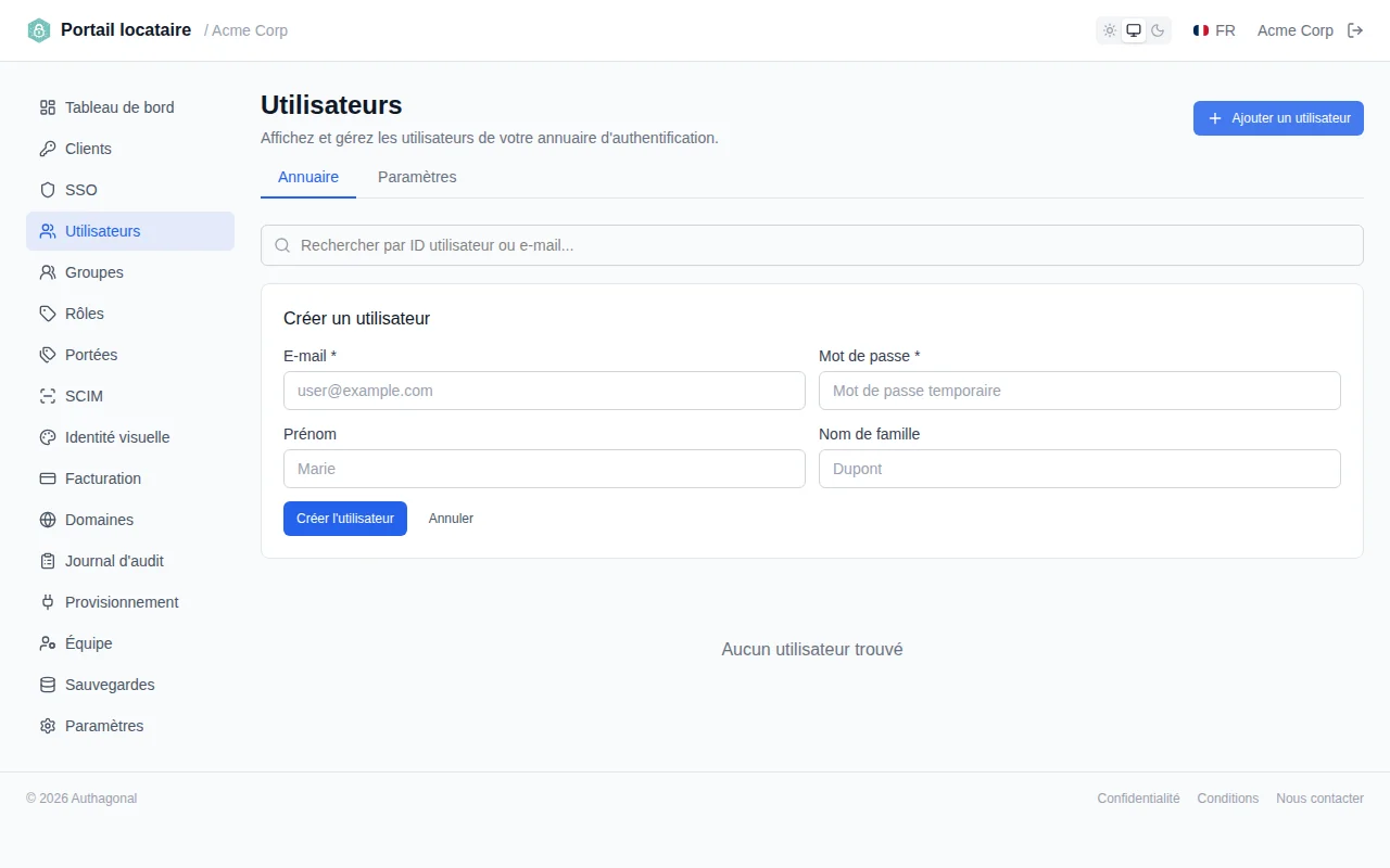 Create user form with email, password, first name, and last name fields