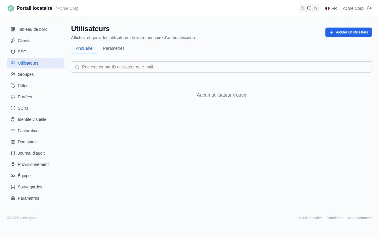 User list table with columns for email, user ID, name, status, MFA, source, and created date