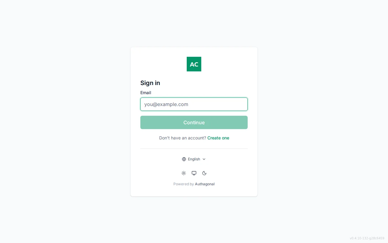 Authagonal login page with email and password fields, branded with tenant logo