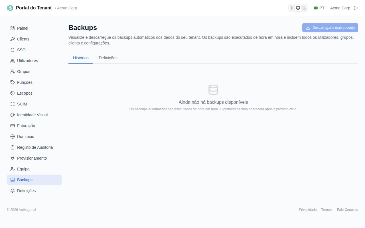 Backups page showing backup history with timestamps, types, and entity counts