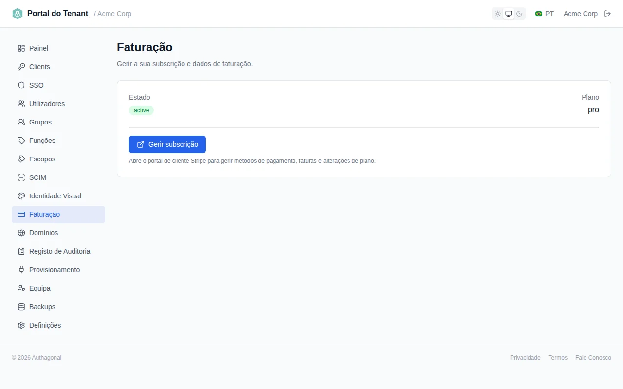 Billing page showing subscription status, plan name, billing period, and Manage Subscription button