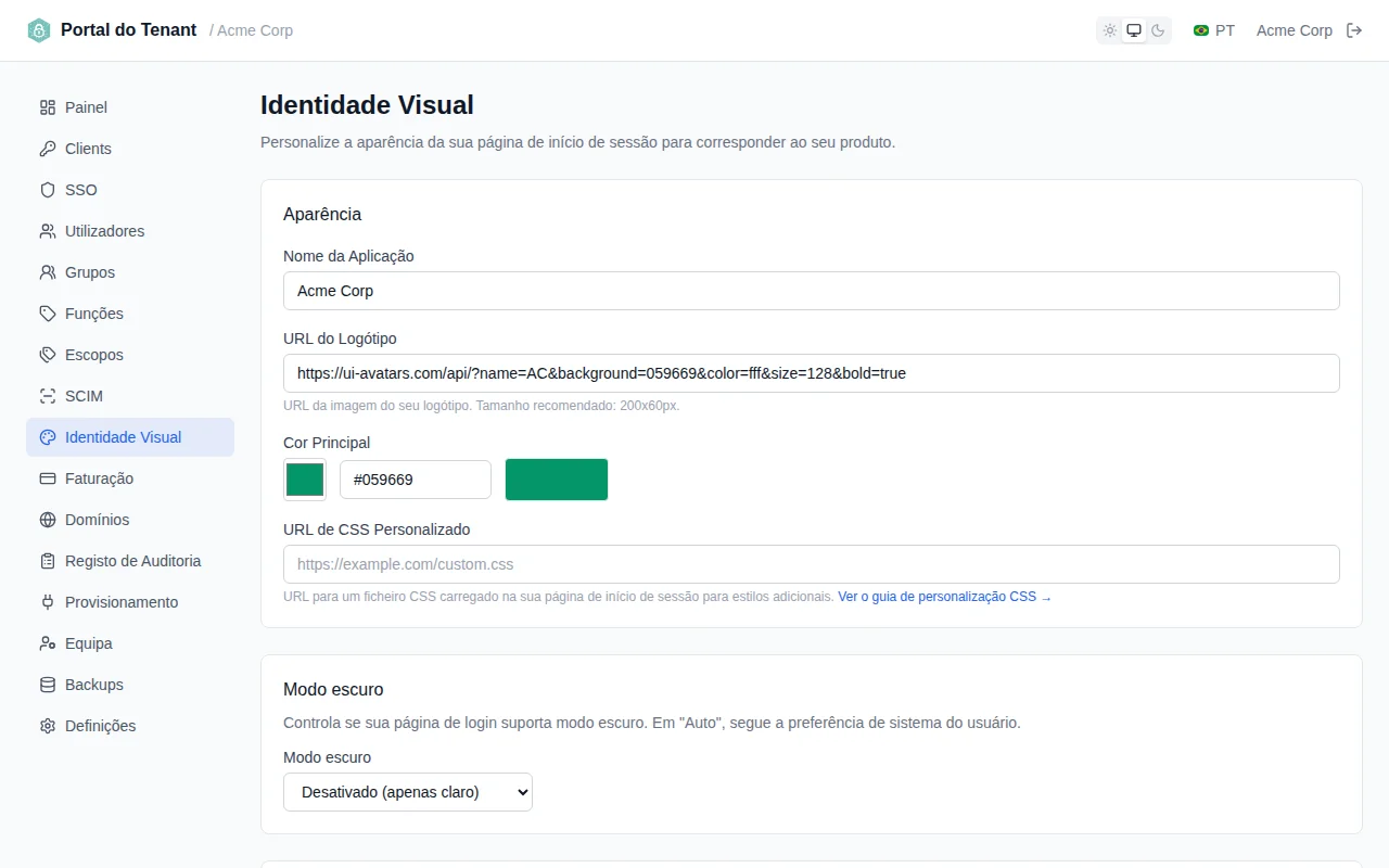 Branding appearance settings with app name input, logo URL field, color picker with hex input, and custom CSS URL field