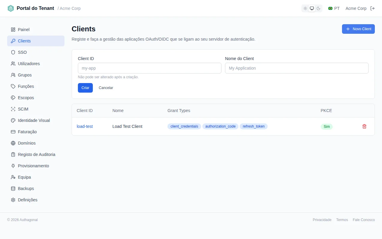 Client creation form with clientId, clientName, and redirect URI fields