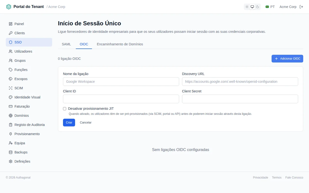 OIDC connection creation form with fields for connection name, discovery URL, client ID, and client secret